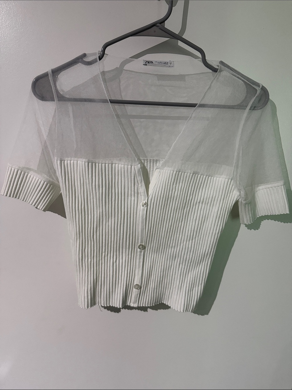 Zara White Sheer Yoke Ribbed Button Crop Top